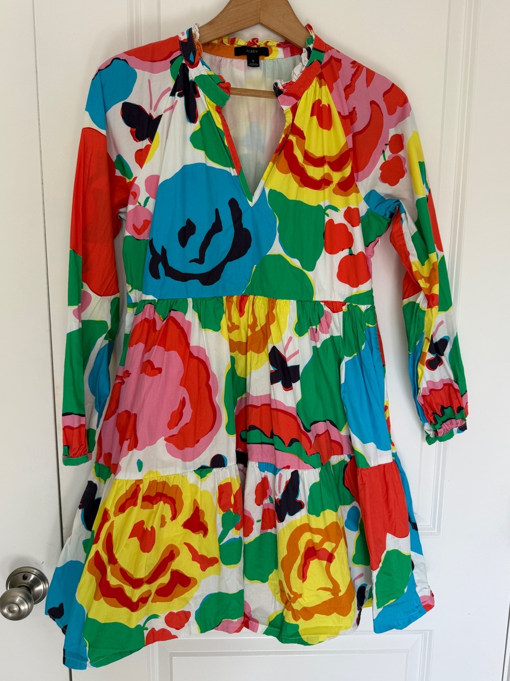 J. Crew Multicolor Floral Long Sleeve Tiered Dress cotton